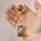 Cowboy boots enamel keychain in gold, blue and brown for country music fans